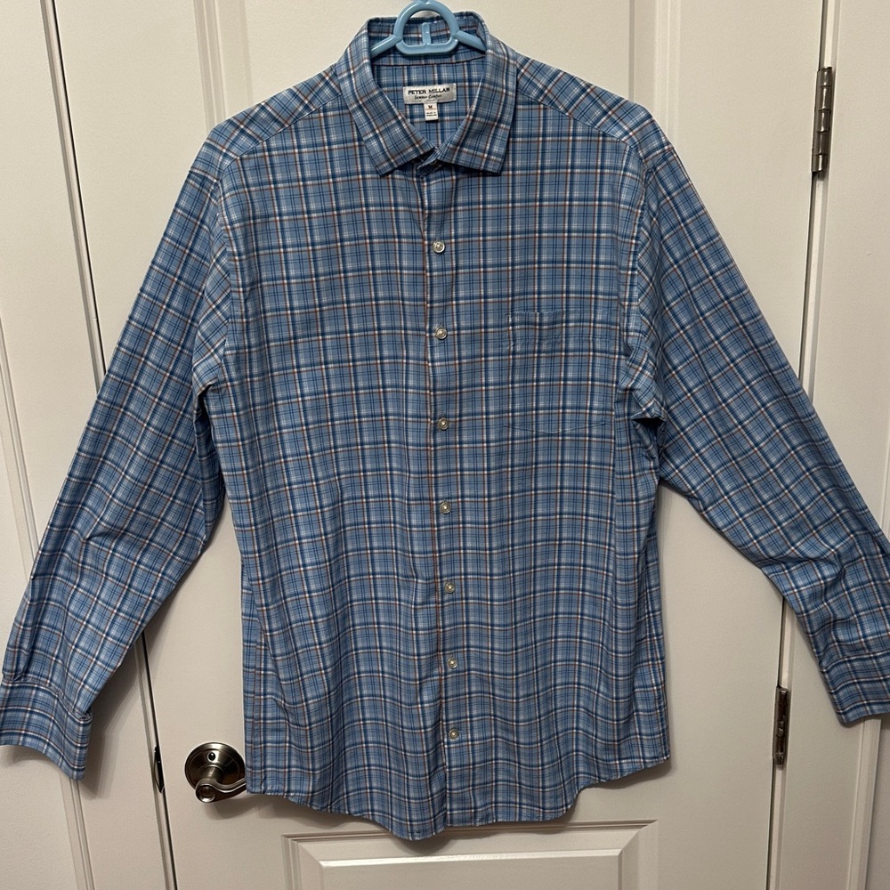 Peter Millar Men's Blue and White Plaid Button Down Shirt